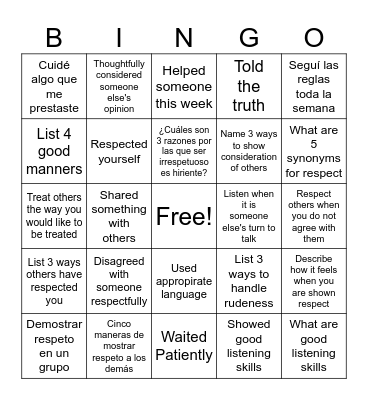 Respect Bingo Card
