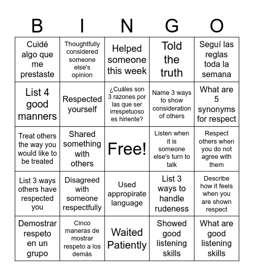 Respect Bingo Card