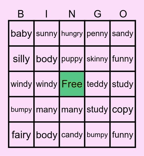 ending -y: long e Bingo Card
