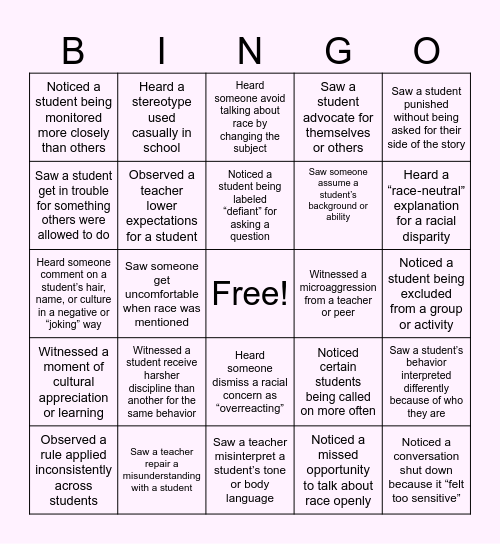 School Experiences Bingo: Bias, Race & Awareness Bingo Card