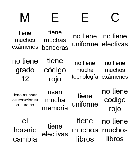 Las escuelas hispanas vs USA Bingo Card