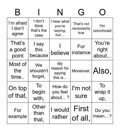 Speaking practice phrases Bingo Card