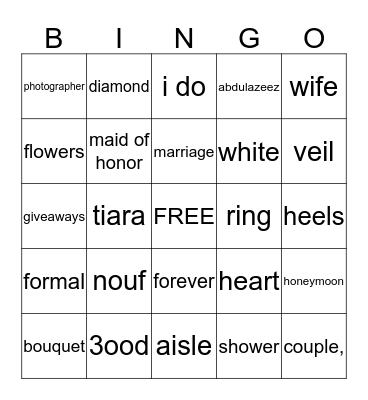 Bridal Shower Bingo Card