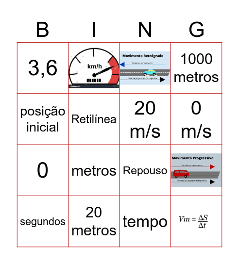 Movimento Uniforme Bingo Card