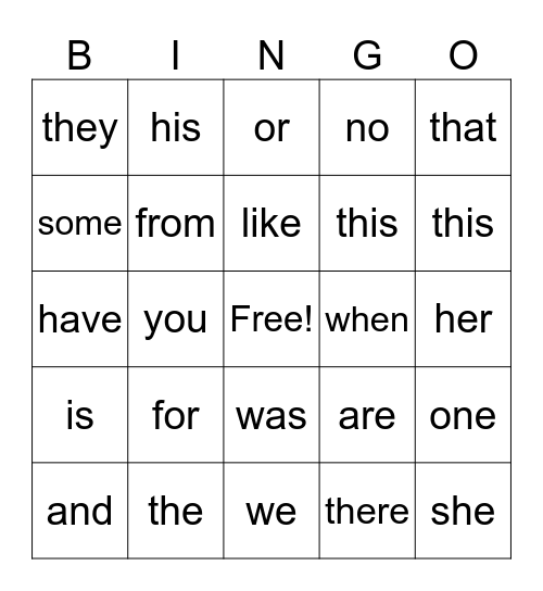 site word bingo Card