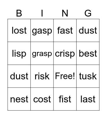 Short Vowels and Final Blends Bingo Card
