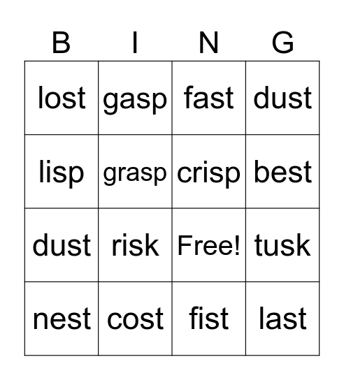 Short Vowels and Final Blends Bingo Card
