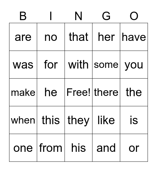 site word bingo Card