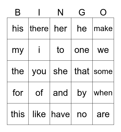 Super Word Bingo Card