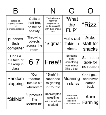 Middle schooler bingo Card