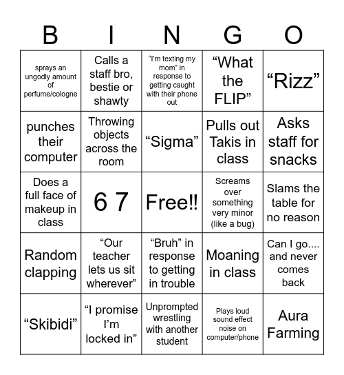 Middle schooler bingo Card
