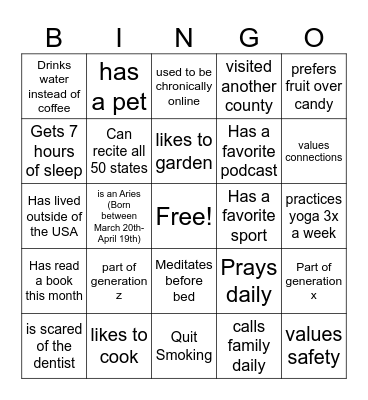 Behavioral activation BINGO Card