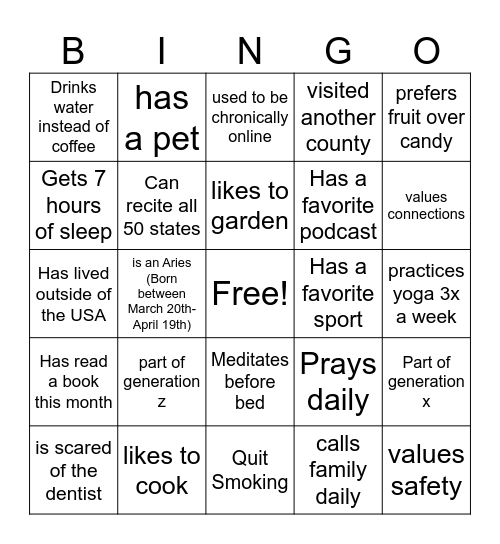 Behavioral activation BINGO Card