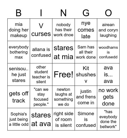 woodhams bingo Card