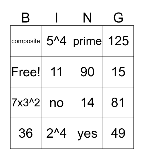 Number Theory BINGO Card