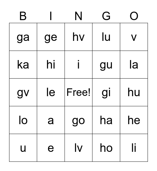 Cherokee Syllabary Bingo Card