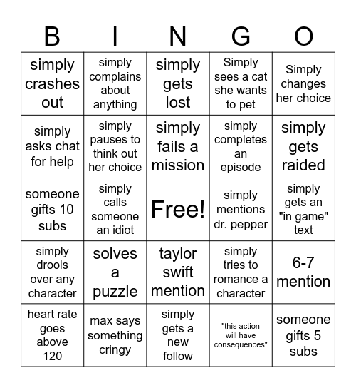 Life is Strange Double Exposure Bingo Card