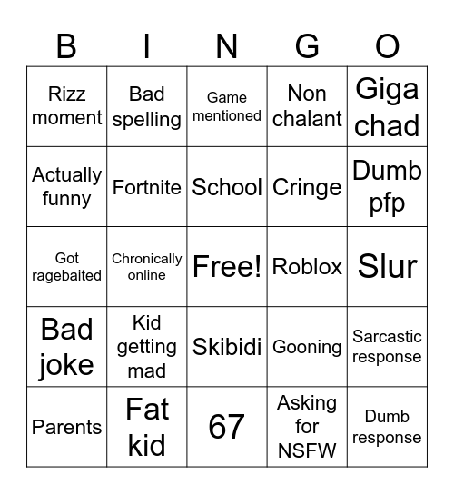 Stupid gen alpha kids Bingo Card