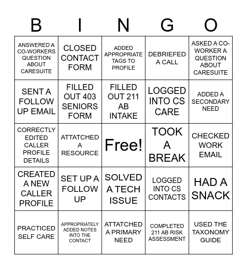 CARESUITE BINGO Card