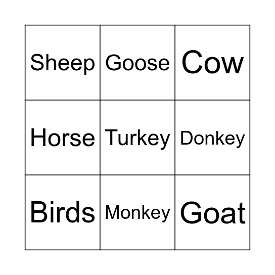 Animal Bingo Card