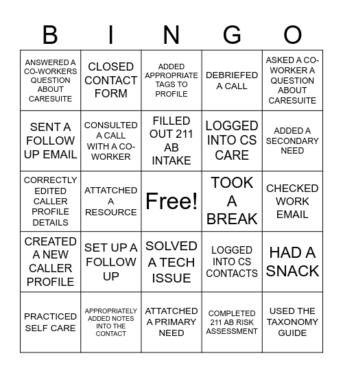 CARESUITE BINGO Card