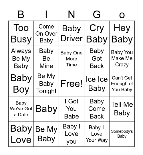 Baby Song Bingo Card