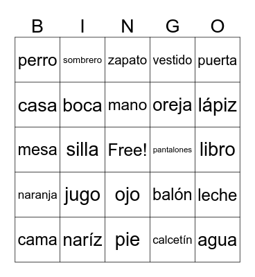 Spanish Kids Word Bingo Card