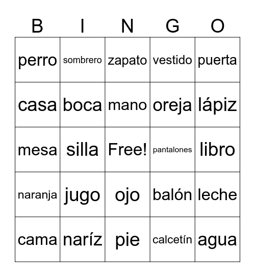 Spanish Kids Word Bingo Card