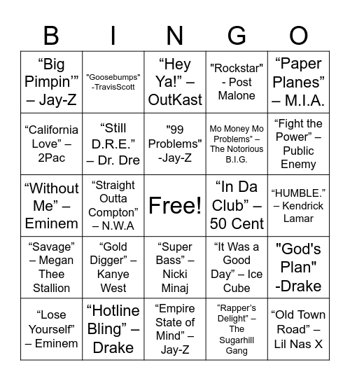 Rap" Bingo Card
