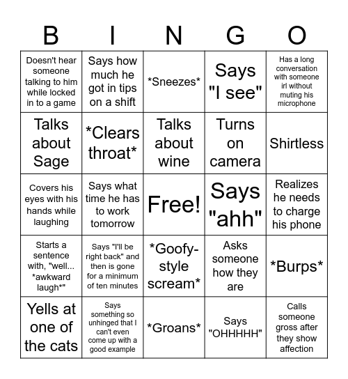Cody Bingo Card