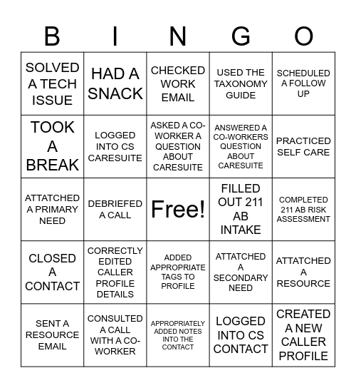 CARESUITE BINGO Card