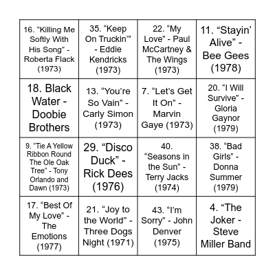 1970s Bingo Card