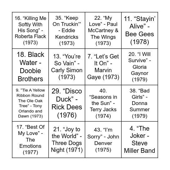 1970s Bingo Card