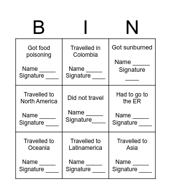 Spring Break Bingo Card