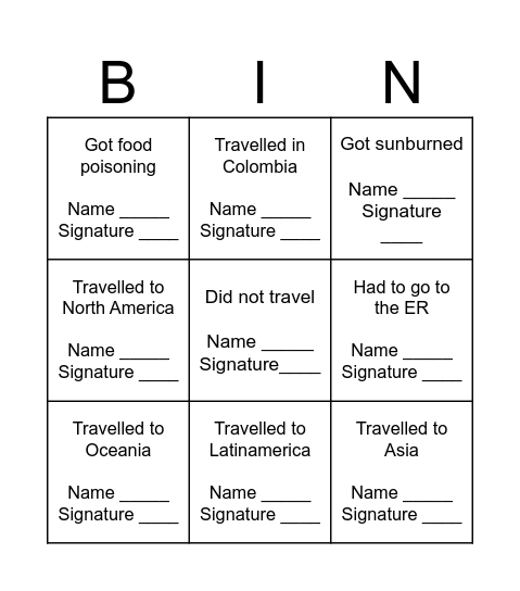 Spring Break Bingo Card