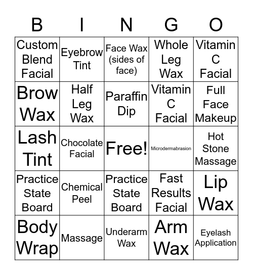ESTHETICS Bingo Card
