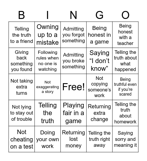 Honesty Bingo Card