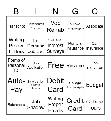 Transition Bingo Card