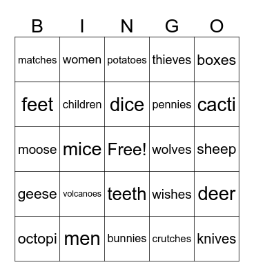 Irregular Plural Nouns Bingo Card