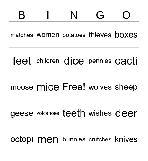 Irregular Plural Nouns Bingo Card