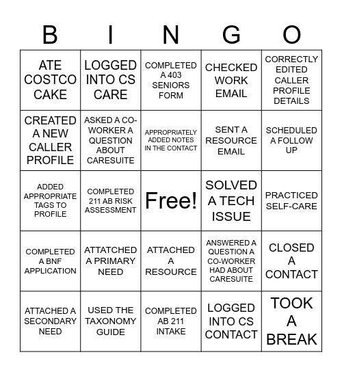 CARESUITE BINGO Card