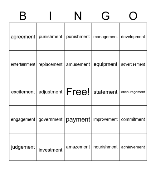 Words ending in the suffix -ment Bingo Card