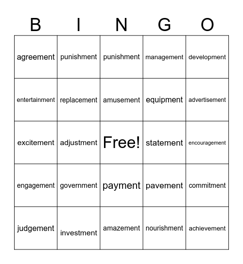 Words ending in the suffix -ment Bingo Card