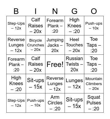 Fitness Bingo Card