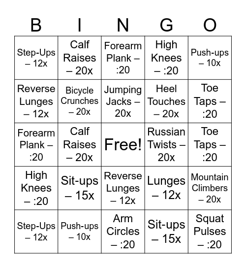 Fitness Bingo Card