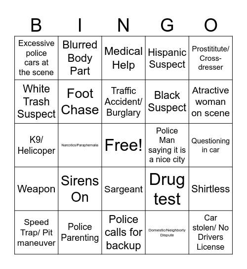 Cops Bingo Card