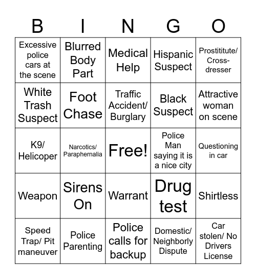 Cops Bingo Card