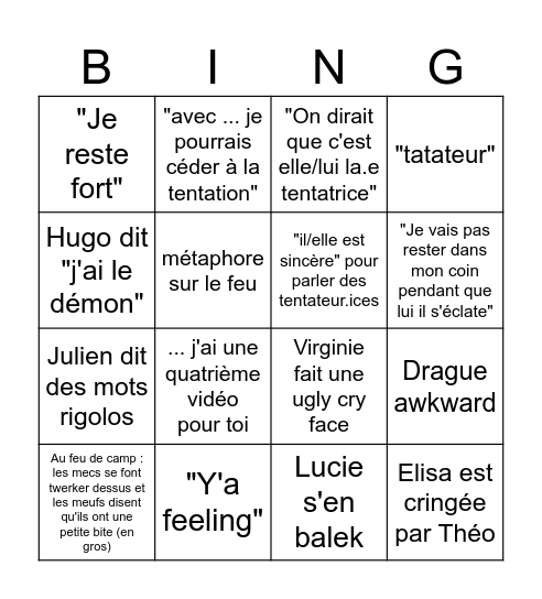 Bingo Ile de la tentation Bingo Card