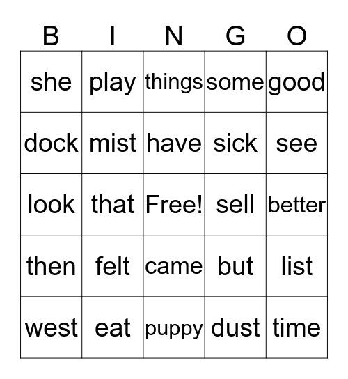 Spelling Bingo Card