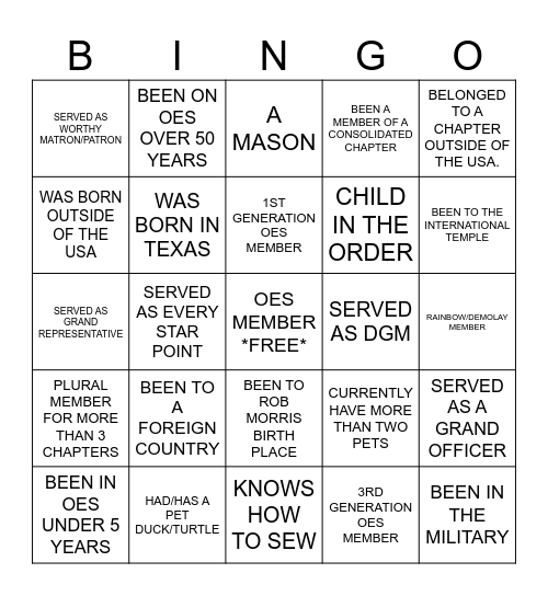 OES FRIENDSHIP NIGHT Bingo Card